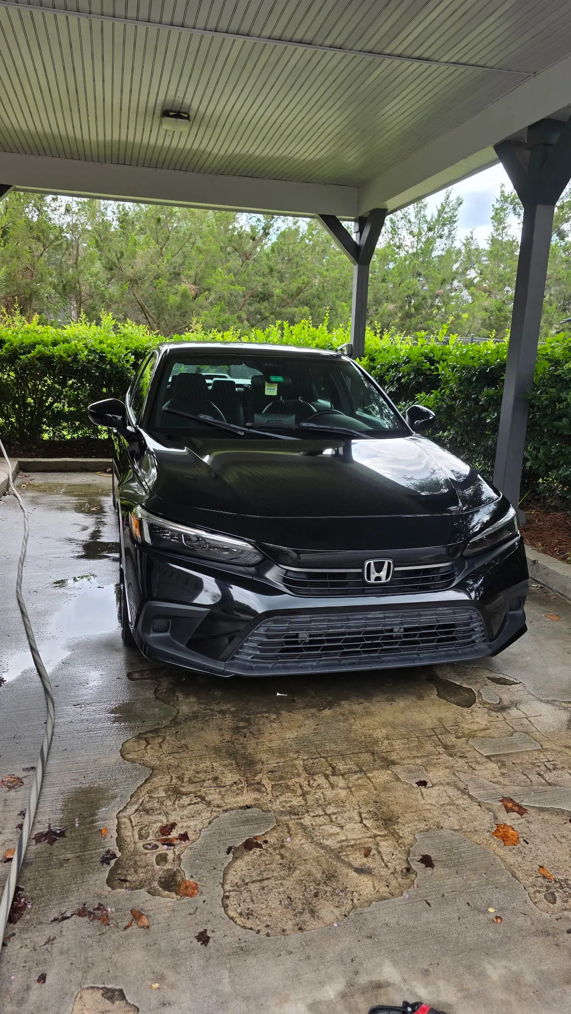Black Honda sedan parked under a carport, paint washed and drying
